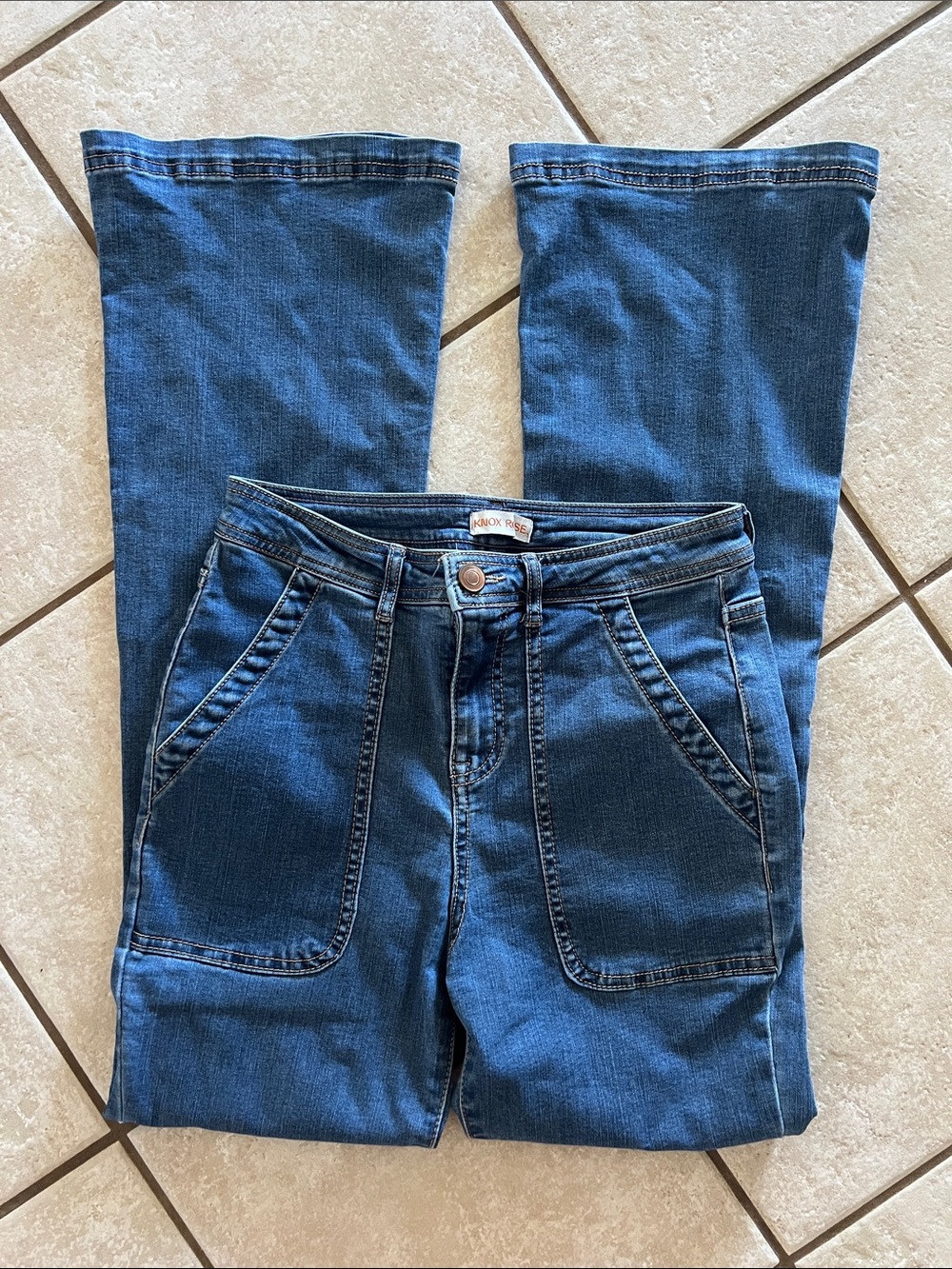 Knox Rose Dark Blue Flare Jeans with Front Patch Pockets